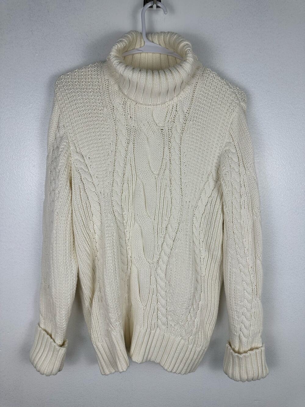 Lands' End Women's Cream Chunky Cable-Knit Turtleneck Sweater "Fisherman" XL